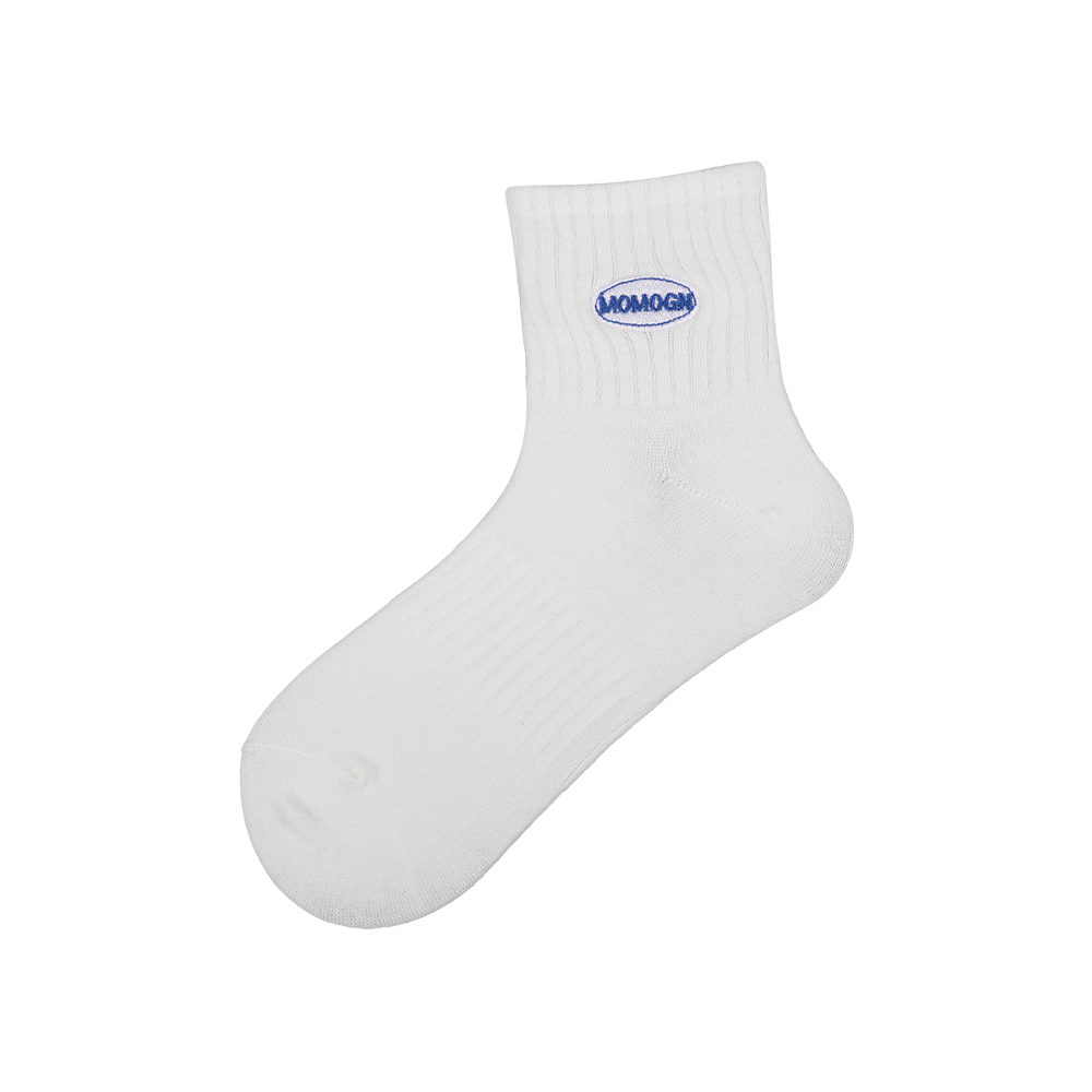 White and black plain high rib ankle socks with embroidery logo